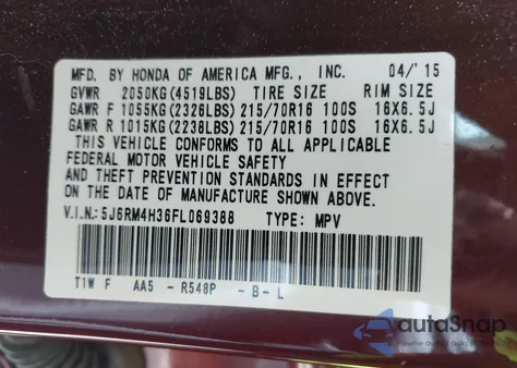 2015 Honda Cr-V Lx z USA, uszkodzony, nr VIN 5J6RM4H36FL069388
